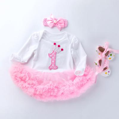 China MIA 3pcs/set Anti-Shrink Crown Baby Rompers Set Lovely Pink Chiffon Dress Ruffle Baby 1st Birthday Party Rompers for sale