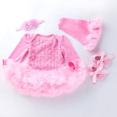 China MIA Pink Shabby Anti-Shrink Flowers 4pcs/set Babies Long Sleeve Romper With Baby Shoes Headband Baby Leggings Red Romper Toddler Girl for sale