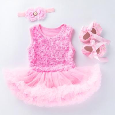 China MIA Shabby anti-shrink flowers pink chiffon dress rompers toddler romper dress with baby shoes with headband romper sleeveless baby for sale