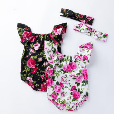 China MIA Fashion Sleeveless Romper Toddler Girl With Headband Baby Ruffle Sleeveless Romper Rose Floral Toddler Rompers For Girls for sale