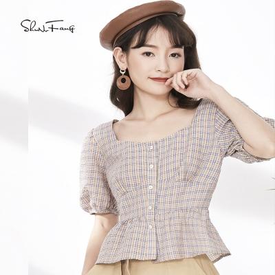 China Factory direct anti-pilling sales short square collar plaid shirt little girl puff sleeve ladies shirt for sale