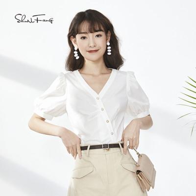 China New Arrival Anti-pilling Design Irregular Button Front Short Sleeve Ladies Blouse Elegant Women Blouse for sale