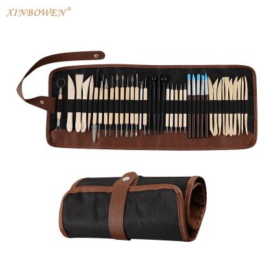 China Art Xin Bowen 40 Piece Pottery Tool Kit Wooden Double Handle Stainless Steel Clay Pottery Carving Tools for sale