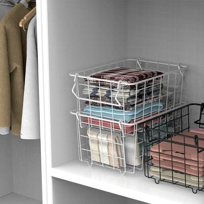 China Hot Selling Sustainable Large Rectangle Stackable Wire Metal Pantry Storage Basket With Handle for sale