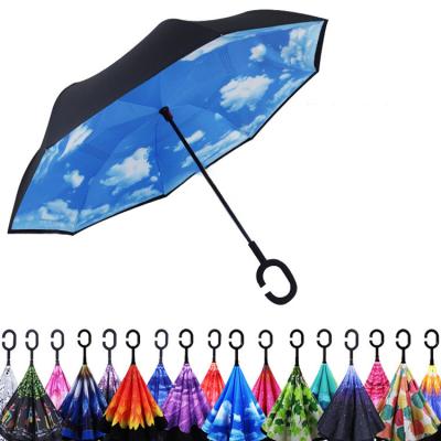 China Cartoon Factory Direct Hands Free Double Layer Parasol C Shaped Handle Car Inverted Bumbleshoot Self Stand Upside Straight Reverse for sale