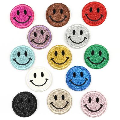 China Iron On Patches Hot Selling Iron On Colorful Round Shape Glitter Smile Face Embroidered Patch For Clothes for sale