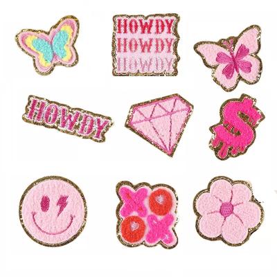 China Iron On Patches New Design Pink Color Iron On Embroidered Butterfly Diamond Howdy Letter Dollars Gold Edge Chenille Patch For Girls for sale