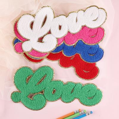 China Big Size Gold Glitter Edge LOVE Word Handmade Shape Embroidered Colors Iron Chenille Logo Patches For Clothes for sale