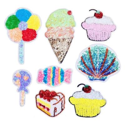 China New Design Sustainable Iron On Big Cake Lollipop Shell Candy Shape Embroidered Sequin Patches For T Shirt for sale