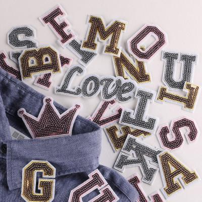 China Sustainable Custom Rose Gold Sliver Color Iron On Letter Alphabet Sequin Patches For Clothes for sale