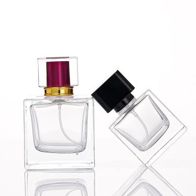 China Cosmetic Luxury empty cosmetic recyclable 30ml 50ml 100ml clear square glass perfume bottle with pump spray cap for sale