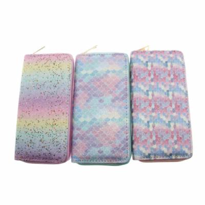 China Custom PU Long Wallet Rainbow Gradient Color Glitter Laser Print Wallet Waterproof Clutch Purse for sale