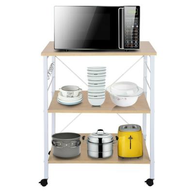 China Solid Wood Kitchen Cart Movable Multi-Funtion Storage Belt Hook 3 Layers Storage Hand Cart Wooden Trolley for sale