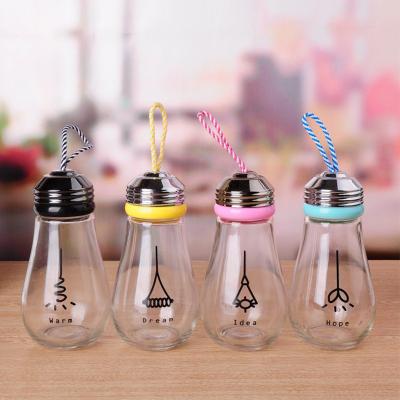 China 100ml 200ml 300ml 500ml 800ml Beverage Glass Beverage Fruit Juice Light Lamp Bulb Shape Bottle With Cap For Beverage Milk for sale