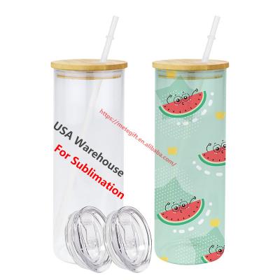 China US Warehouse Sustainable 25oz 25 oz White Skinny Straight Cup Sublimation Clear Frosted Glass Tumbler With Leak Proof Bamboo Lids And Straws for sale