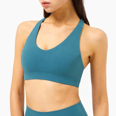 China Breathable Green Y Runner Back Ties Padded Gym Bra Customized Logo Tank Top Longline Sports Bra for sale