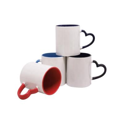 China New Factory Design Color Heart Handle 11oz Sublimation Ceramic Empty Mugs Disposable for sale