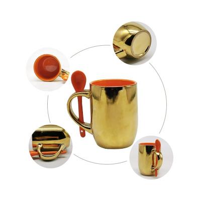 China Disposable Fashion Customized Inner Mug Gold Color Sublimation Mug Electroplating Cup With Spoon for sale