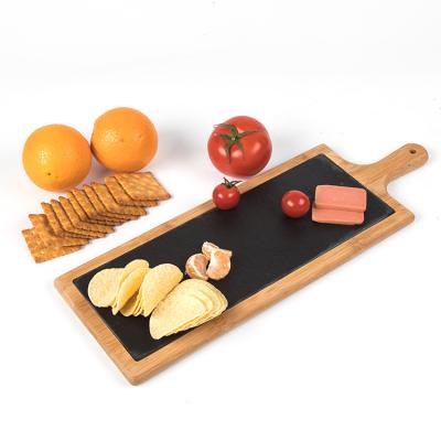 China Sustainable Luxury Natural Bamboo Handle Rectangle Cheese Cutting Long Charcuterie Marble Board for sale