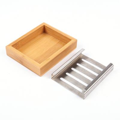 China Fsc Natural New Wooden Logo Modern High Quality Stainless Bamboo Soap Dish for sale