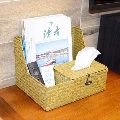 China Rustic Natural Straw Table Top Multifunctional Book Shelf Of With Drawer Book Storage And Pen Holder Seagrass for sale