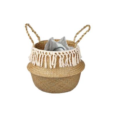 China Sustainable Customized Woven Handmade Plant Belly Baskets Sea Grass Bags With Tassels for sale