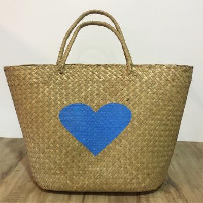 China Others Summer Printing Tote Bag Women's Travel Heart Shaped Straw Weave Shopping Beach Bag for sale