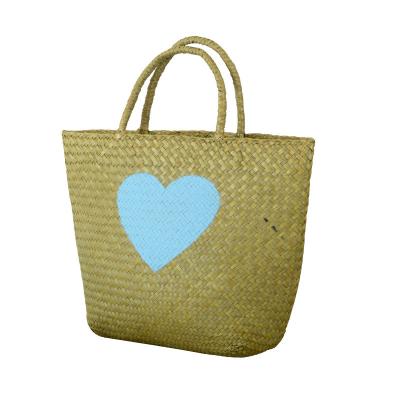 China Lady's Heart Shaped Straw Weave Shopping Beach Bag Travel Bag Summer Printing Tote Bag Women for sale