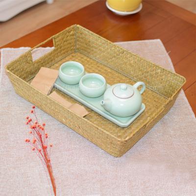 China Viable Main - Straw Rectangular Woven Serving Tray with handles for Breakfast&Drinks&Snack&coffee table for sale