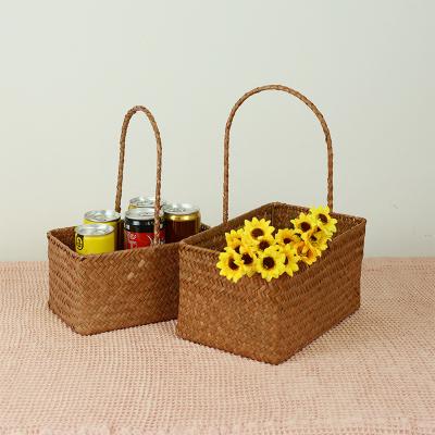 China Caramel Color Handwork Gift Storage Seaweed Basket Flower Viable Seaweed Woven Basket/Stored/Decorative With Handle for sale