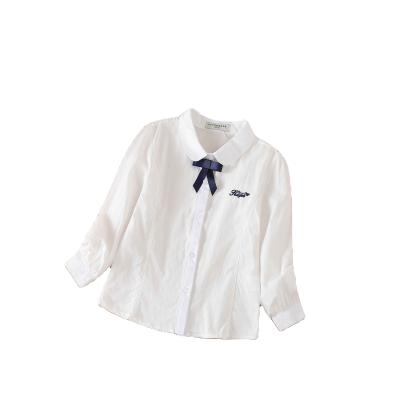 China Spring and Autumn Anti-Shrink Clothes Girls Long Sheath Woven Shirt with Peter Pan Collar and Bow Tie for sale