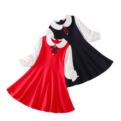 China Anti-wrinkle kids wear high end girls dresses long sleeve cotton Peter Pan collar girl dress with bow tie dress for girls 3 to 12 years old for sale