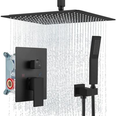 China Without Sliding Bar Concealed Shower Mixer Set Black Shower Kit Rainfall Shower Head Bathroom Faucet With Hand Held Spray for sale