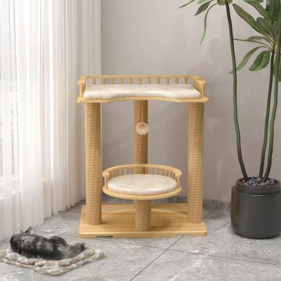 China Wholesale Modern Cat House Furniture Wooden Plush Cat Tower Tree Toys Post Popular Small Sisal Cat Scratching Tree for sale