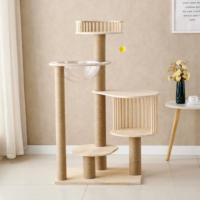 China Wholesale Modern Stocked Cat House Furniture Wooden Plush Cat Tower Tree Toys Popular Small Post Sisal Cat Scratching Tree for sale