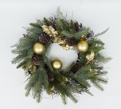 China Hot Sale Minimalist Christmas Decoration Holly Pine Needle Indoor Home Garland With Gold Ball for sale