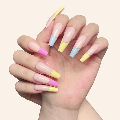 China 2021 Newest High Quality Movie Star Wear Nails 24pcs/set Long Ballerina Coffin Solid Color Easy Gradient Artificial Press On Nails for sale