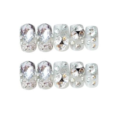 China Full Of Diamonds TJsecret High End Customized Press On False Nails Luxury Colored Arc Water Droplets Nails With Full Diamond for sale