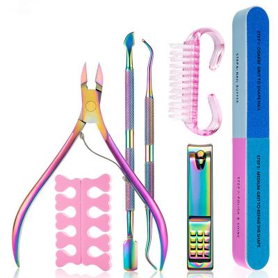 China High Qaulity 7 Pieces Nail Tool Kit For Coloring Titanium Dead Skin Scissors Nail Clippers Push Claw Brush Dots Cotton Manicure Care Steel Tools for sale