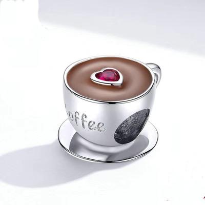 China Design Coffee S925 Silver Original Handmade Silver Plated Bead DIY Handmade Platinum Plated Jewelry Fit For Pandora Charm for sale