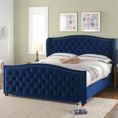 China Modern American Style Blue Color Velvet Fabric (Other) Adjustable Upholstered Bed Wood Frame Queen King Bed for sale