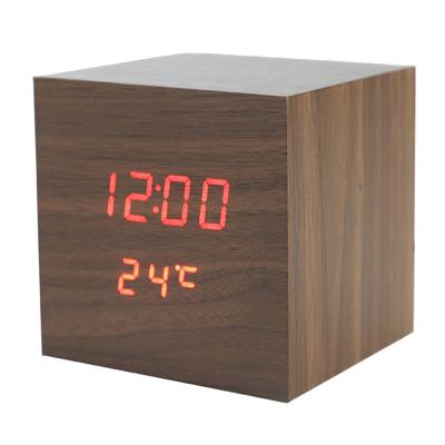 China Any Place Showing Brightness, Time, Temperature, And Sound Control Bamboo Wooden Digital Clock for sale