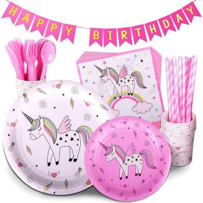 China Different Designs Unicorn Birthday Party Supplies Pink Kids Rainbow Party Supply Set for sale