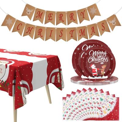 China Traditional Christmas Paper Plate Disposable Party Tableware Sets Includes Santa Claus Tablecloth, Christmas Napkins and Banner for sale