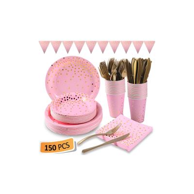 China Baby Shower Supplies 150Pcs Dot Disposable Party Dinnerware Set Pink and Gold Baby Shower Paper Decoration for Girl for sale