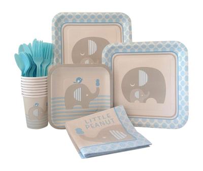 China Blue Elephant Boy Baby Shower Supply Paper Pack! Package includes paper plates, napkins, cups and silverware for sale