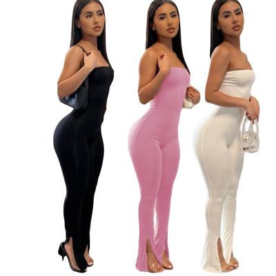 China 2022 QUICK DRY Arrive New Fashion Women Summer Fashion Women's Open Butt Smocked Pants Leg Slim Overalls Strapless Off Shoulder Long Slit Legging for sale