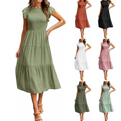 China New Breathable Arrive Spring Summer Casual Dresses Fashion Women's Oversized Pleated Dress Layered Large Swing Short Sleeve Women Dress for sale