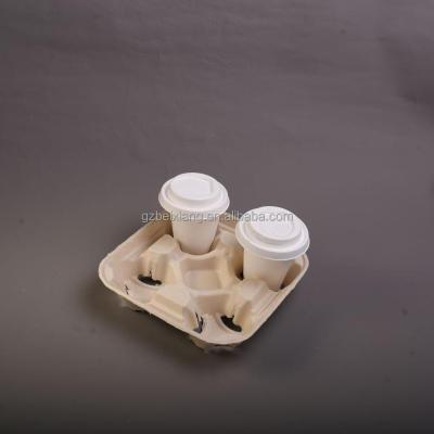 China 100% Biodegradable Sugar Cane Pulp Coffee Beverage Bagasse Pulp Biodegradable Takeaway Material 2 Holder Cups With Bagasse Tray for sale