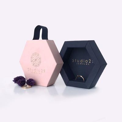 China Hexagon Recyclable Jewelry Box With Handle Custom Logo Printed Sample Folding Gift Box Packaging Ring Paper Box for sale